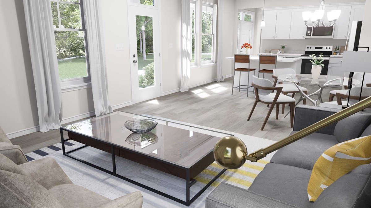 Open-concept living room and kitchen at Wescott Condos by HHHunt Homes featuring modern furnishings, glass dining table, white cabinetry, and natural light from large windows and patio doors.