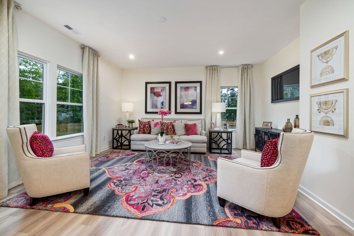 Family room in the Edison floor plan by HHHunt Homes at Qualla Trace, featuring neutral furniture, vibrant area rug, large windows with natural light, and modern accent decor.