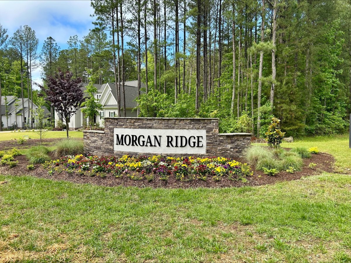 The community sign for The Summit At Morgan Ridge surrounded by flowers.