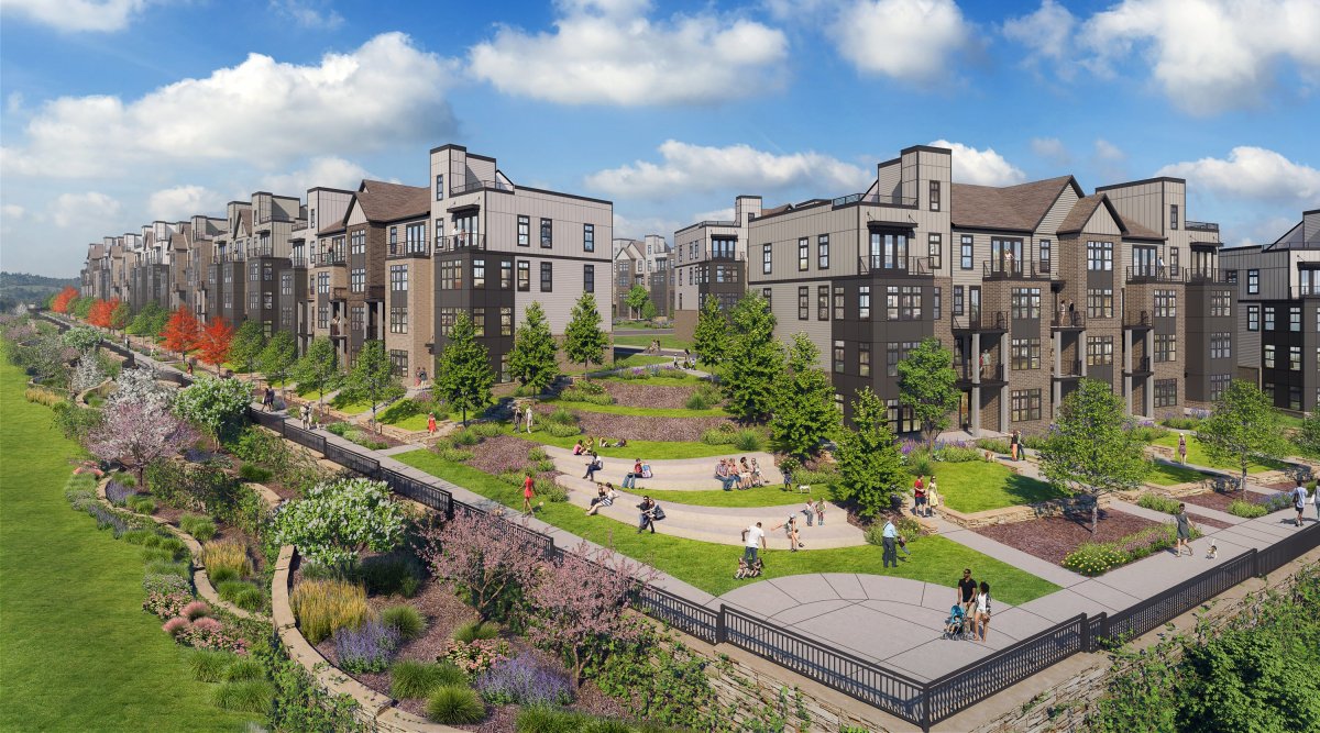 3D rendering of the promenade at The Aire At Westchester by HHHunt, showcasing modern apartment buildings with large windows, landscaped terraces, walking paths, green spaces, and people enjoying the community’s outdoor amenities on a sunny day.