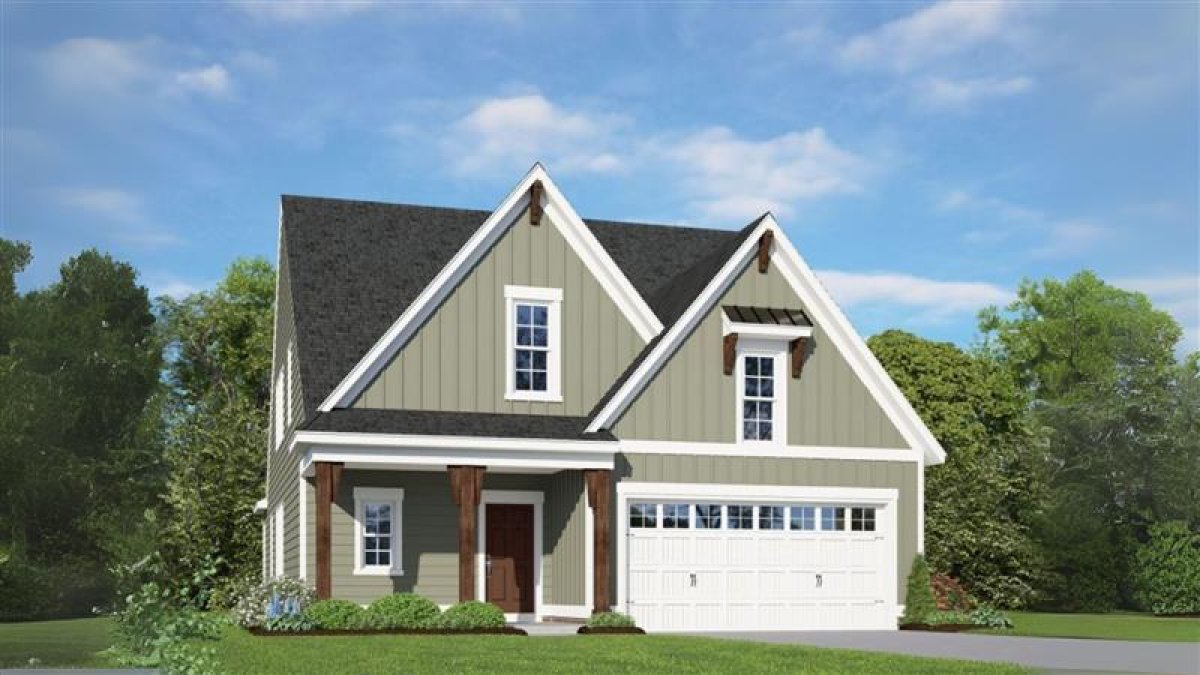 Exterior rendering of the Taylor Farmhouse A elevation at Bethesda Forest by HHHunt Homes, showcasing a Craftsman-inspired design with board and batten siding, decorative wood accents, a covered front porch, and a two-car garage.