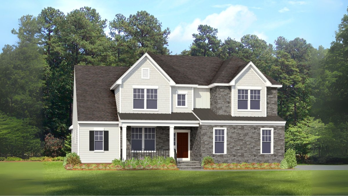 Front exterior rendering of the Bradenton floor plan (Farmhouse A elevation) at Bethesda Forest by HHHunt Homes, showcasing a two-story home with mixed siding, stone accents, gabled rooflines, covered front porch, and landscaped yard surrounded by trees