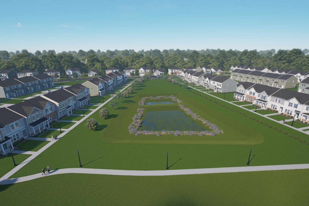 Rendering of the central pond surrounded by a large lawn in Kinwick