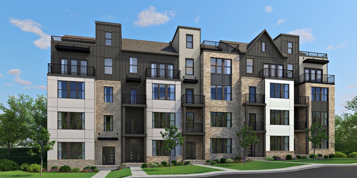 3D streetscape rendering of the Alto and Foster floor plan elevations at The Aire at Westchester by HHHunt