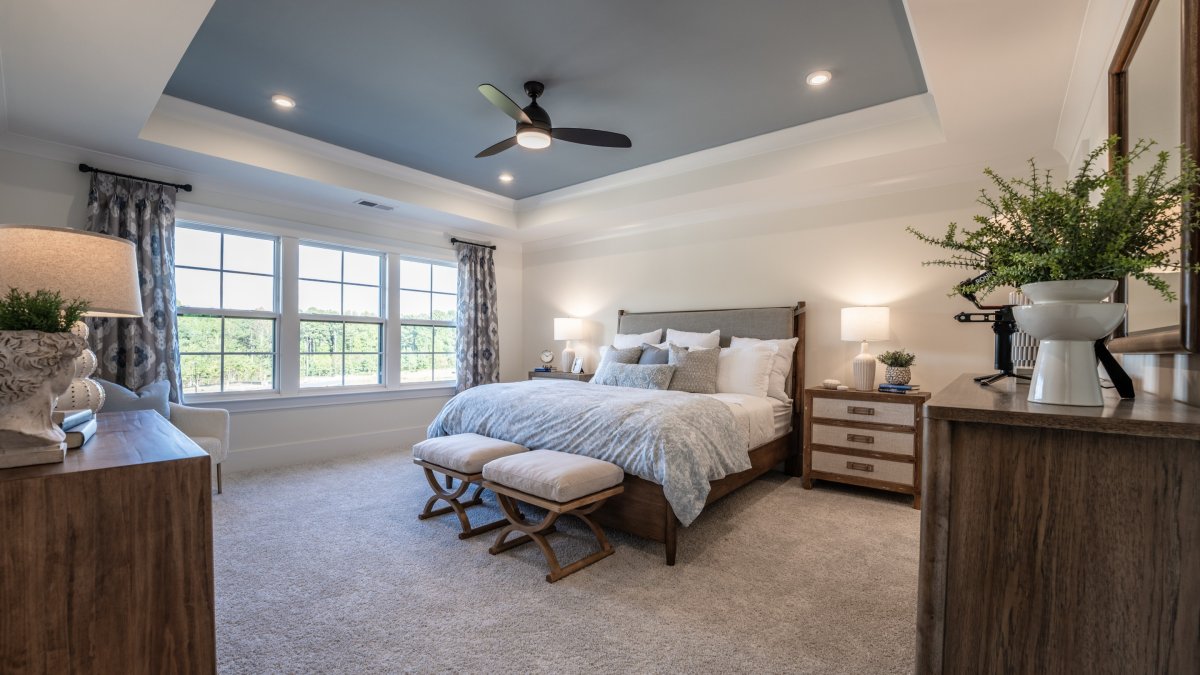 Spacious primary bedroom in the Chatham floor plan at Tyson’s Trail Estates by HHHunt Homes, featuring large windows with abundant natural light, neutral-toned carpet, a ceiling fan, tray ceiling and a modern gray upholstered bed frame with matching night