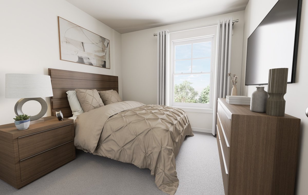 Bedroom in the Amherst floor plan at Edgebrook by HHHunt Homes, featuring a neutral-toned bedroom with bed, nightstand, dresser, wall-mounted TV, and window with natural light.